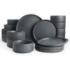 imageFamiware Star Dinnerware Set with Pasta Bowls Service for 6 24 Pieces Ribbed Stoneware Plates and Double Bowls Sets with Trim  Chip ampamp Scratch Resistant Microwave ampamp Dishwasher Safe Dishes WhiteMatte Dark Charcoal