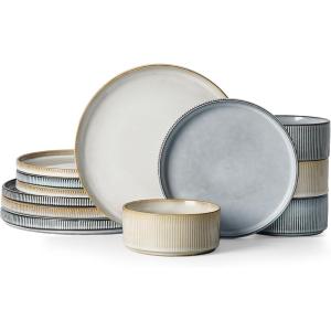 imageFamiware Star Dinnerware Set with Pasta Bowls Service for 6 24 Pieces Ribbed Stoneware Plates and Double Bowls Sets with Trim  Chip ampamp Scratch Resistant Microwave ampamp Dishwasher Safe Dishes WhiteCappuccino White  Smoky Blue