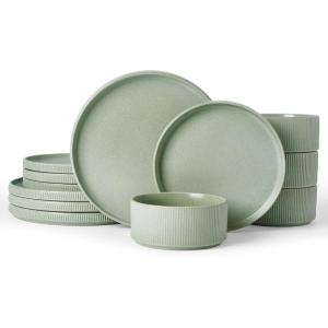 imageFamiware Star Dinnerware Set with Pasta Bowls Service for 6 24 Pieces Ribbed Stoneware Plates and Double Bowls Sets with Trim  Chip ampamp Scratch Resistant Microwave ampamp Dishwasher Safe Dishes WhiteMatte Sage Green