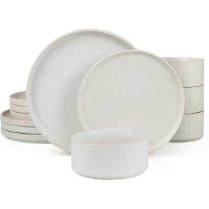 imageFamiware Star Dinnerware Set with Pasta Bowls Service for 6 24 Pieces Ribbed Stoneware Plates and Double Bowls Sets with Trim  Chip ampamp Scratch Resistant Microwave ampamp Dishwasher Safe Dishes WhiteMatte White
