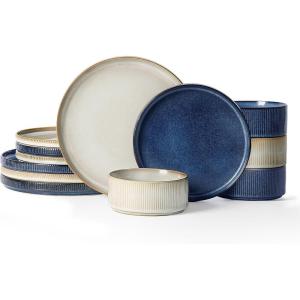 imageFamiware Star Dinnerware Set with Pasta Bowls Service for 6 24 Pieces Ribbed Stoneware Plates and Double Bowls Sets with Trim  Chip ampamp Scratch Resistant Microwave ampamp Dishwasher Safe Dishes WhiteCappuccino White  Nebulas Blue