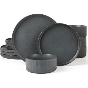 imageFamiware Star Dinnerware Set with Pasta Bowls Service for 6 24 Pieces Ribbed Stoneware Plates and Double Bowls Sets with Trim  Chip ampamp Scratch Resistant Microwave ampamp Dishwasher Safe Dishes WhiteMatte Dark Charcoal