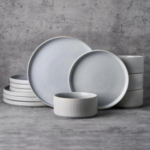 imageFamiware Star Dinnerware Set with Pasta Bowls Service for 6 24 Pieces Ribbed Stoneware Plates and Double Bowls Sets with Trim  Chip ampamp Scratch Resistant Microwave ampamp Dishwasher Safe Dishes WhiteMatte Gray