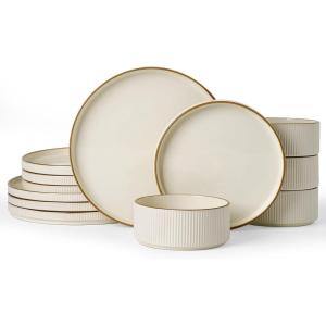 imageFamiware Star Dinnerware Set with Pasta Bowls Service for 6 24 Pieces Ribbed Stoneware Plates and Double Bowls Sets with Trim  Chip ampamp Scratch Resistant Microwave ampamp Dishwasher Safe Dishes WhiteCream