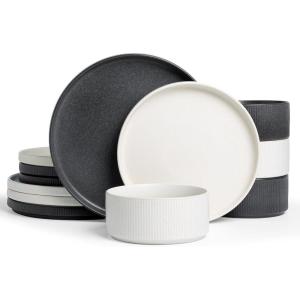 imageFamiware Star Dinnerware Set with Pasta Bowls Service for 6 24 Pieces Ribbed Stoneware Plates and Double Bowls Sets with Trim  Chip ampamp Scratch Resistant Microwave ampamp Dishwasher Safe Dishes WhiteMatte White  Matte Dark Charcoal