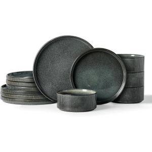 imageFamiware Star Dinnerware Set with Pasta Bowls Service for 6 24 Pieces Ribbed Stoneware Plates and Double Bowls Sets with Trim  Chip ampamp Scratch Resistant Microwave ampamp Dishwasher Safe Dishes WhiteDeep Forest