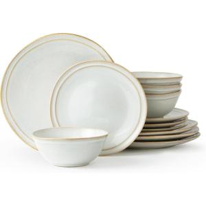 image:imageFamiware Tempus Plates and Bowls Sets for 6 18 Pieces Stoneware Dinnerware Sets Reactive Glaze Dishes Set Dishwasher ampamp Microwave Safe  Dark OliveAECappuccino White