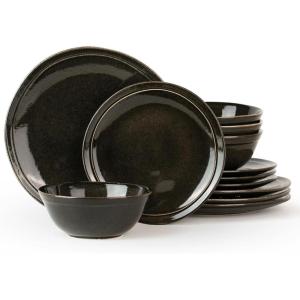 image:imageFamiware Tempus Plates and Bowls Sets for 6 18 Pieces Stoneware Dinnerware Sets Reactive Glaze Dishes Set Dishwasher ampamp Microwave Safe  Dark OliveAEBlack Coffee