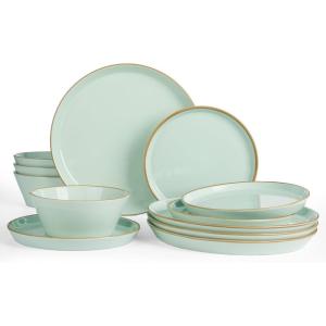 image:imageFamiware Saturn Dinnerware Sets for 4 12 Pieces Stoneware Plates and Bowls Dish Set  Chip and Scratch Resistant Microwave and Dishwasher Safe Tableware Dark GrayLight Green