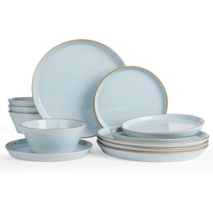 image:imageFamiware Saturn Dinnerware Sets for 4 12 Pieces Stoneware Plates and Bowls Dish Set  Chip and Scratch Resistant Microwave and Dishwasher Safe Tableware Dark GrayLight Blue