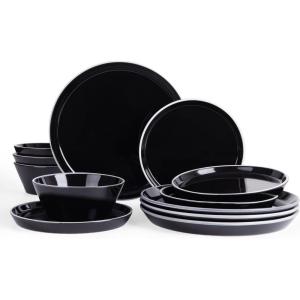 image:imageFamiware Saturn Dinnerware Sets for 4 12 Pieces Stoneware Plates and Bowls Dish Set  Chip and Scratch Resistant Microwave and Dishwasher Safe Tableware Dark GrayBlack