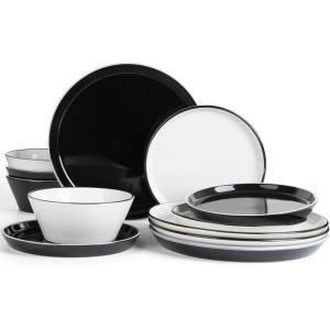 image:imageFamiware Saturn Dinnerware Sets for 4 12 Pieces Stoneware Plates and Bowls Dish Set  Chip and Scratch Resistant Microwave and Dishwasher Safe Tableware Dark GrayBlackWhite