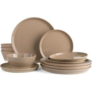image:imageFamiware Saturn Dinnerware Sets for 4 12 Pieces Stoneware Plates and Bowls Dish Set  Chip and Scratch Resistant Microwave and Dishwasher Safe Tableware Dark GrayCinnamon Brown Speckled 