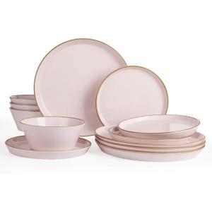 image:imageFamiware Saturn Dinnerware Sets for 4 12 Pieces Stoneware Plates and Bowls Dish Set  Chip and Scratch Resistant Microwave and Dishwasher Safe Tableware Dark GrayLight Pink