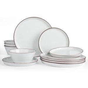image:imageFamiware Saturn Dinnerware Sets for 4 12 Pieces Stoneware Plates and Bowls Dish Set  Chip and Scratch Resistant Microwave and Dishwasher Safe Tableware Dark GraySpeckled White