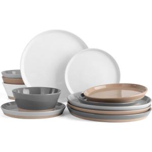 image:imageFamiware Saturn Dinnerware Sets for 4 12 Pieces Stoneware Plates and Bowls Dish Set  Chip and Scratch Resistant Microwave and Dishwasher Safe Tableware Dark GrayMultiColor Speckled 