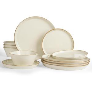 image:imageFamiware Saturn Dinnerware Sets for 4 12 Pieces Stoneware Plates and Bowls Dish Set  Chip and Scratch Resistant Microwave and Dishwasher Safe Tableware Dark GrayVanilla White