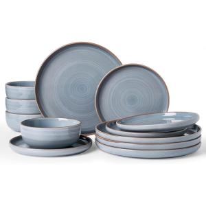 image:imageFamiware Meteor Plates and Bowls Sets for 4 12 Pieces Dinnerware Sets Microwave and Dishwasher Safe Dishes Set Blue GrayBlue Gray