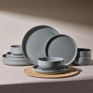 image:imageFamiware Meteor Plates and Bowls Sets for 4 12 Pieces Dinnerware Sets Microwave and Dishwasher Safe Dishes Set Blue GrayDark Gray