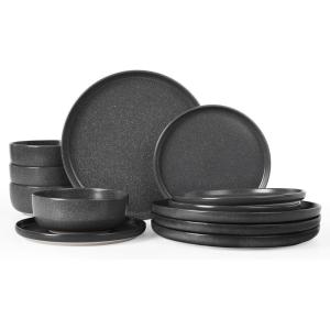 image:imageFamiware Meteor Plates and Bowls Sets for 4 12 Pieces Dinnerware Sets Microwave and Dishwasher Safe Dishes Set Blue GrayMatte Dark Charcoal