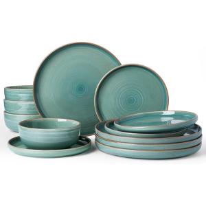 image:imageFamiware Meteor Plates and Bowls Sets for 4 12 Pieces Dinnerware Sets Microwave and Dishwasher Safe Dishes Set Blue GrayPeacock Green