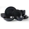image:imageFamiware Venus Speckled Dinnerware Set with Pasta Bowls Service for 6 24 Pieces Stoneware Plates and Double Bowls Sets Microwave amp DishwasherSafe Dishes with Trim Matte Dark GreenMatte Black