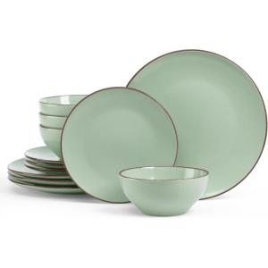 image:imageFamiware Venus Speckled Dinnerware Set with Pasta Bowls Service for 6 24 Pieces Stoneware Plates and Double Bowls Sets Microwave amp DishwasherSafe Dishes with Trim Matte Dark GreenLight Green