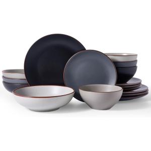 image:imageFamiware Venus Speckled Dinnerware Set with Pasta Bowls Service for 6 24 Pieces Stoneware Plates and Double Bowls Sets Microwave amp DishwasherSafe Dishes with Trim Matte Dark GreenMulticolor
