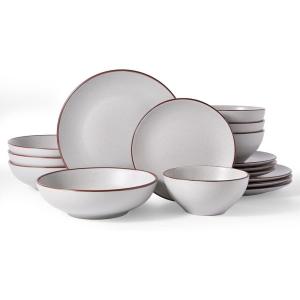 image:imageFamiware Venus Speckled Dinnerware Set with Pasta Bowls Service for 6 24 Pieces Stoneware Plates and Double Bowls Sets Microwave amp DishwasherSafe Dishes with Trim Matte Dark GreenLight Grey