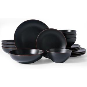 image:imageFamiware Venus Speckled Dinnerware Set with Pasta Bowls Service for 6 24 Pieces Stoneware Plates and Double Bowls Sets Microwave amp DishwasherSafe Dishes with Trim Matte Dark GreenMatte Black