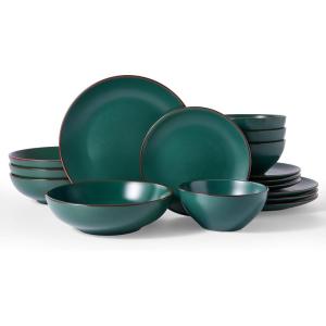image:imageFamiware Venus Speckled Dinnerware Set with Pasta Bowls Service for 6 24 Pieces Stoneware Plates and Double Bowls Sets Microwave amp DishwasherSafe Dishes with Trim Matte Dark GreenDark Green