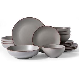 image:imageFamiware Venus Speckled Dinnerware Set with Pasta Bowls Service for 6 24 Pieces Stoneware Plates and Double Bowls Sets Microwave amp DishwasherSafe Dishes with Trim Matte Dark GreenDark Gray