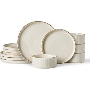 image:imageFamiware Star Stoneware Dinnerware Sets for 4 16pcs Chip and Scratch Resistant Microwave amp Dishwasher Safe Complete Dishes Pasta Bowl Cereal Bowl Dinner Plate Salad Plate Ribbed Deep ForestWhite