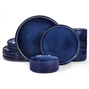 image:imageFamiware Star Stoneware Dinnerware Sets for 4 16pcs Chip and Scratch Resistant Microwave amp Dishwasher Safe Complete Dishes Pasta Bowl Cereal Bowl Dinner Plate Salad Plate Ribbed Deep ForestNebulas Blue