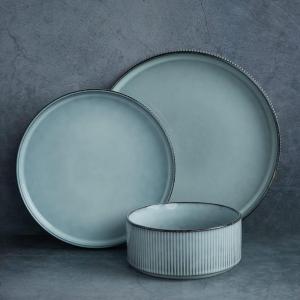 image:imageFamiware Star Stoneware Dinnerware Sets for 4 16pcs Chip and Scratch Resistant Microwave amp Dishwasher Safe Complete Dishes Pasta Bowl Cereal Bowl Dinner Plate Salad Plate Ribbed Deep ForestSmoky Blue