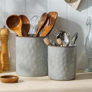 image:imagefamiware Ocean Utensil Holder 7258 Ceramic Kitchen Utensil Holder for Countertop Cooking Utensil Crocks Utensil Organizer for Spatula amp Spoon Kitchen Decor Set of 2 Matte WhiteGray