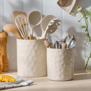image:imagefamiware Ocean Utensil Holder 7258 Ceramic Kitchen Utensil Holder for Countertop Cooking Utensil Crocks Utensil Organizer for Spatula amp Spoon Kitchen Decor Set of 2 Matte WhiteVanilla White