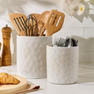 image:imagefamiware Ocean Utensil Holder 7258 Ceramic Kitchen Utensil Holder for Countertop Cooking Utensil Crocks Utensil Organizer for Spatula amp Spoon Kitchen Decor Set of 2 Matte WhiteMatte White
