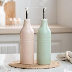 image:imagefamiware Milkyway 16oz Ceramic Olive Oil Dispenser Bottle 1 Piece Oil Dispenser for Kitchen with Stainless Steel Pourers Suitable for Storage Vinegar Soy Sauce Coffee Syrup Matte Beige WhiteLight Pink and Light Green