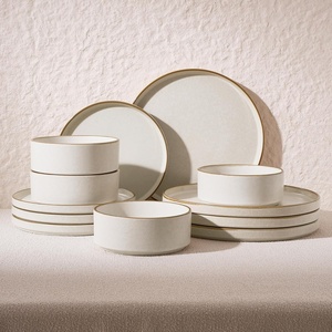 image:imageFamiware Annecy Plates and Bowls Sets 12 Pieces Dinnerware Sets Microwave and Dishwasher Safe Dishes Set for 4 Chip and Scratch Resistant GreyBlueMatte Beige White with Brown Rim