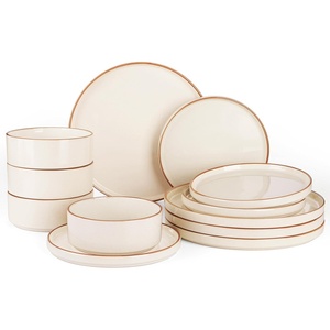 image:imageFamiware Annecy Plates and Bowls Sets 12 Pieces Dinnerware Sets Microwave and Dishwasher Safe Dishes Set for 4 Chip and Scratch Resistant GreyBlueVanilla White with Brown Rim