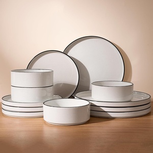 image:imageFamiware Annecy Plates and Bowls Sets 12 Pieces Dinnerware Sets Microwave and Dishwasher Safe Dishes Set for 4 Chip and Scratch Resistant GreyBlueWhite with Black Rim