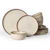 image:imageFamiware Milkyway Stoneware Dinnerware Set 12Piece Double Reactive Glaze Plates and Bowls Service for 4 Microwave and Dishwasher Safe ScratchResistant Moss Green amp CocoaLight khaki
