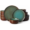 image:imageFamiware Milkyway Stoneware Dinnerware Set 12Piece Double Reactive Glaze Plates and Bowls Service for 4 Microwave and Dishwasher Safe ScratchResistant Moss Green amp CocoaMoss Green  Cocoa