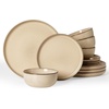 image:imageFamiware Milkyway Stoneware Dinnerware Set 12Piece Double Reactive Glaze Plates and Bowls Service for 4 Microwave and Dishwasher Safe ScratchResistant Moss Green amp CocoaMilk Tea
