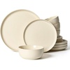 image:imageFamiware Milkyway Stoneware Dinnerware Set 12Piece Double Reactive Glaze Plates and Bowls Service for 4 Microwave and Dishwasher Safe ScratchResistant Moss Green amp CocoaAlmond Milk