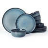 image:imageFamiware Milkyway Stoneware Dinnerware Set 12Piece Double Reactive Glaze Plates and Bowls Service for 4 Microwave and Dishwasher Safe ScratchResistant Moss Green amp CocoaDusty Blue