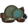 image:imageFamiware Milkyway Stoneware Dinnerware Set 12Piece Double Reactive Glaze Plates and Bowls Service for 4 Microwave and Dishwasher Safe ScratchResistant Moss Green amp CocoaMoss Green  Cocoa