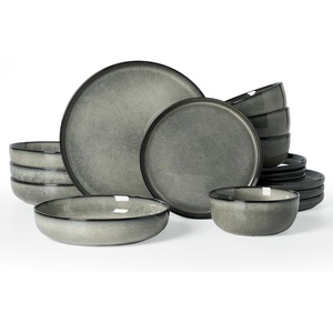 image:imageFamiware Milkyway Stoneware Dinnerware Set 12Piece Double Reactive Glaze Plates and Bowls Service for 4 Microwave and Dishwasher Safe ScratchResistant Moss Green amp CocoaGreenish Brown