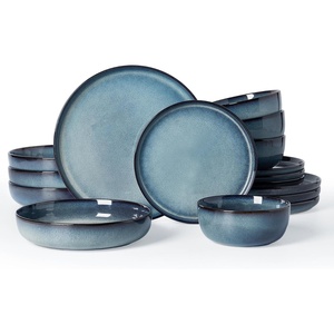 image:imageFamiware Milkyway Stoneware Dinnerware Set 12Piece Double Reactive Glaze Plates and Bowls Service for 4 Microwave and Dishwasher Safe ScratchResistant Moss Green amp CocoaDusty Blue